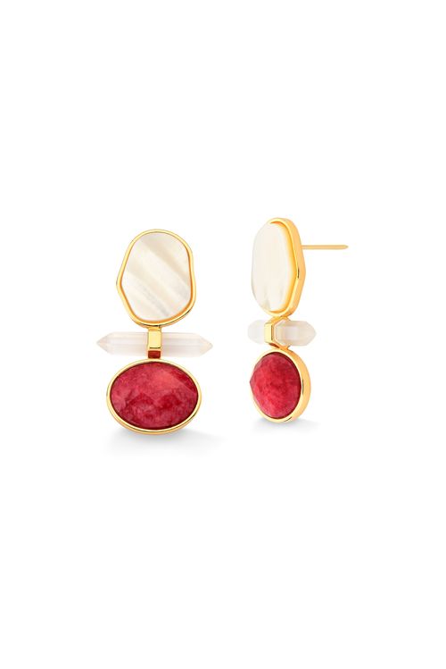 Brinco Petit Beauté - Cristal Leitoso, Feldspato Vermelho e Madrepérola - Coleção Acquarella Banho: Folheado a Ouro