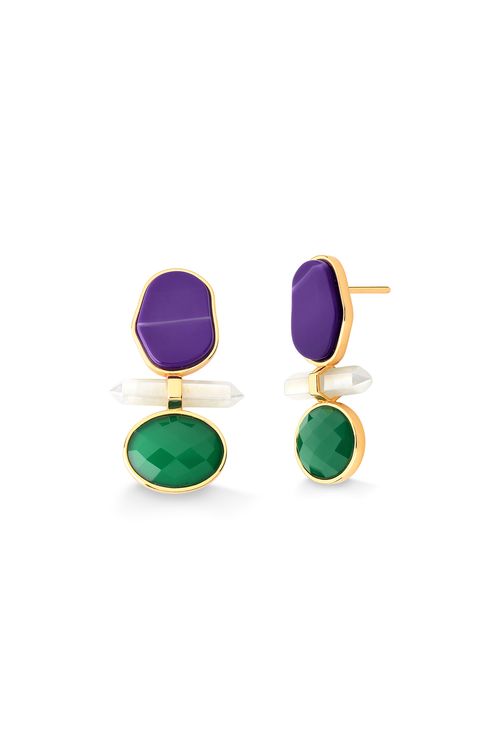 Brinco Petit Beauté - Ágata Verde e Roxa, Quartzo Branco Holográfico - Coleção Acquarella Banho: Folheado a Ouro