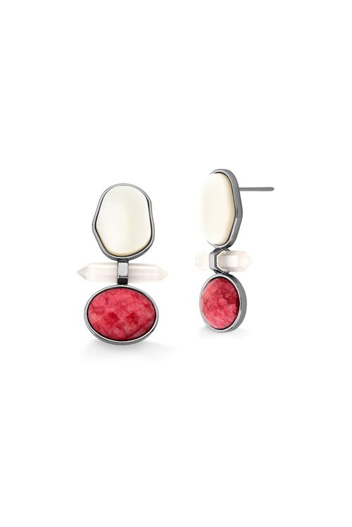 Brinco Petit Beauté - Cristal Leitoso, Feldspato Vermelho e Madrepérola - Coleção Acquarella Banho: Ródio Negro