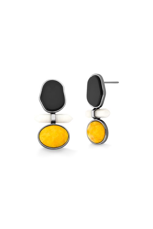 Brinco Petit Beauté - Dolomita, Feldspato Amarelo e Obsidiana Preta - Coleção Acquarella Banho: Ródio Negro