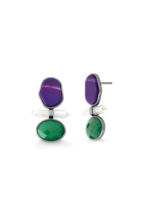 Brinco Petit Beauté - Ágata Verde e Roxa, Quartzo Branco Holográfico - Coleção Acquarella Banho: Ródio Negro