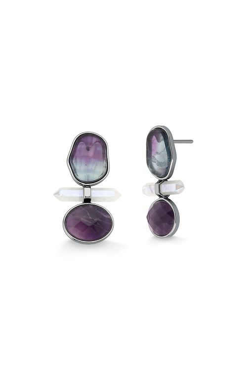Brinco Petit Beauté - Fluorita, Quartzo Branco Holográfico - Coleção Acquarella Banho: Ródio Negro