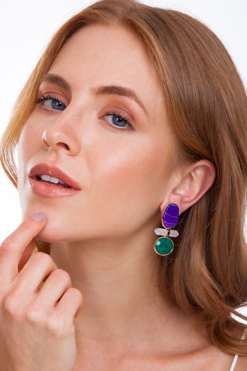 Brinco Petit Beauté - Ágata Verde e Roxa, Quartzo Branco Holográfico - Coleção Acquarella Banho: Folheado a Ouro
