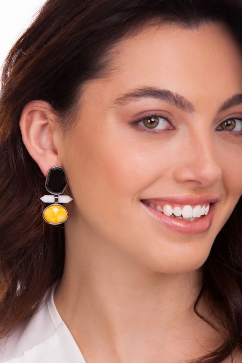 Brinco Petit Beauté - Dolomita, Feldspato Amarelo e Obsidiana Preta - Coleção Acquarella Banho: Ródio Negro