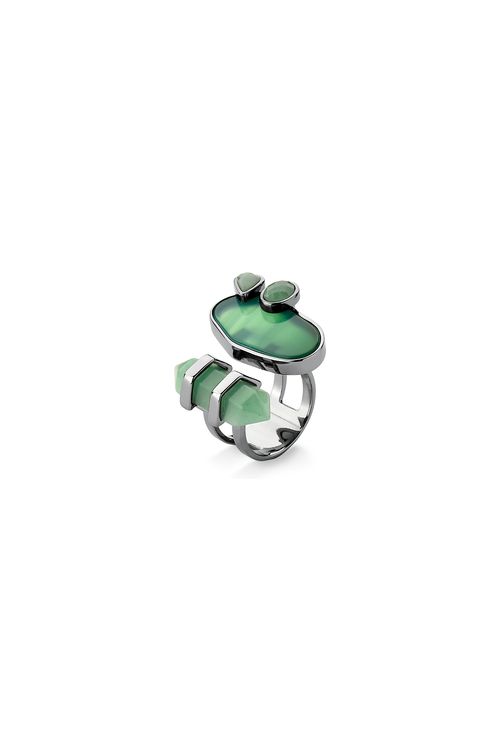 Anel Nature - Ágata Verde e Aventurina - Coleção Acquarella Banho: Ródio Negro