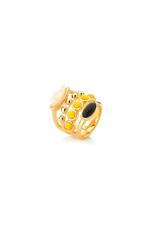 Anel Capri - Dolomita, Feldspato Amarelo e Obsidiana Preta - Coleção Ícones Banho: Folheado a Ouro
