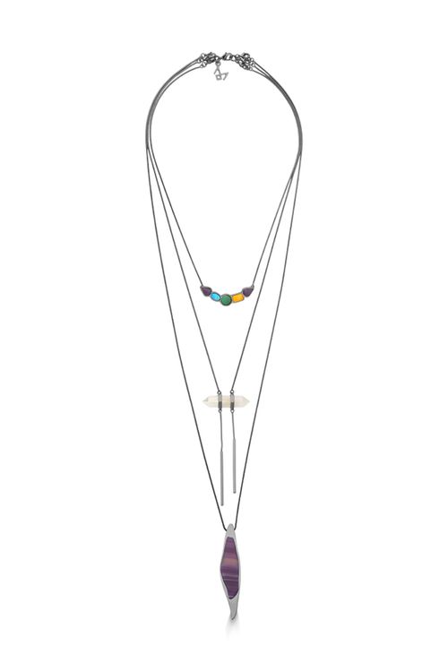 Colar Beauté - Ágata Verde e Roxa , Haulita Turquesa, Quartzo Branco Holográfico e Amarelo - Coleção Acquarella Banho: Ródio Negro