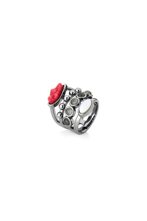 Anel Capri - Cristal Leitoso, Feldspato Vermelho e Madrepérola - Coleção Ícones Banho: Ródio Negro