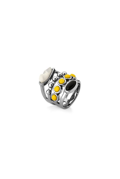 Anel Capri - Dolomita, Feldspato Amarelo e Obsidiana Preta - Coleção Ícones Banho: Ródio Negro