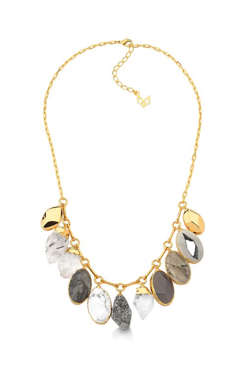 Colar Alegria 2 - Ágata Cinza, Cristal, Cristal Grafitado, Drusa Metalizada, Haulita e Labradorita - Coleção Alma Banho: Folheado a Ouro