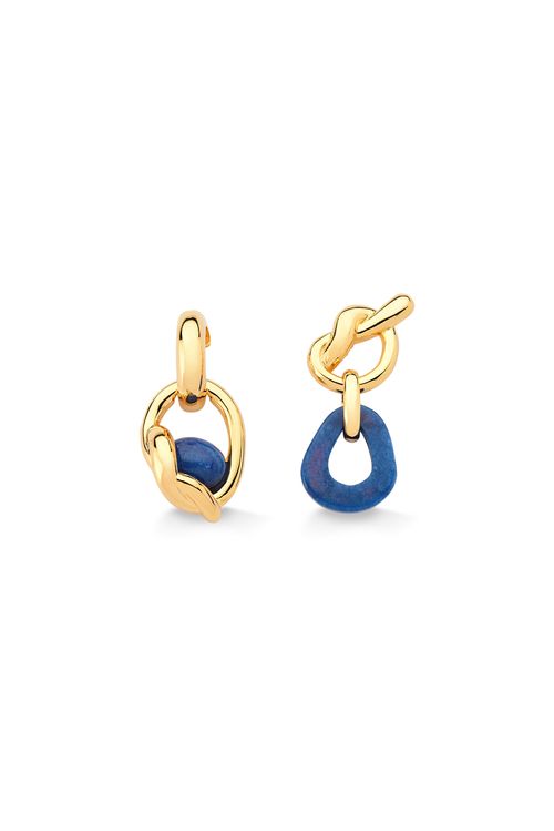 Brinco O Elo - Quartzo Azul Anil - Coleção O Abraço Banho: Folheado a Ouro
