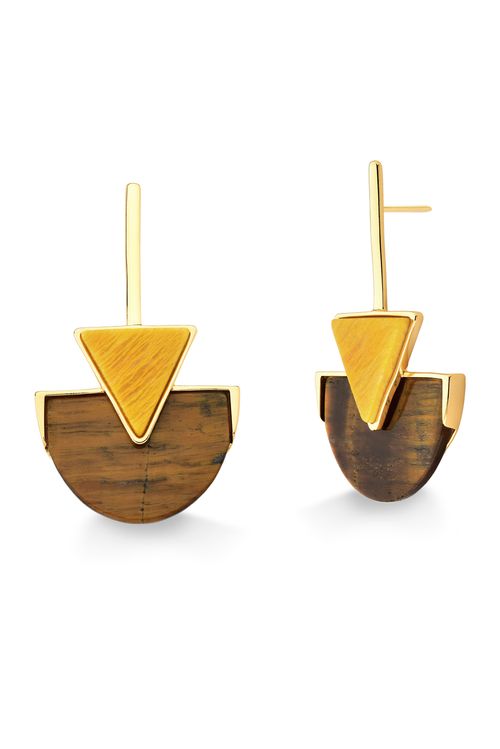 Brinco Line Triangle - Amazonita Amarela e Olho de Tigre - Coleção Geometric Banho: Folheado a Ouro