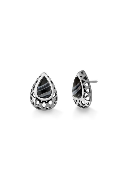 Brinco Diamante Gota 3 - Ágata Preta - Coleção Ícone Banho: Ródio Negro