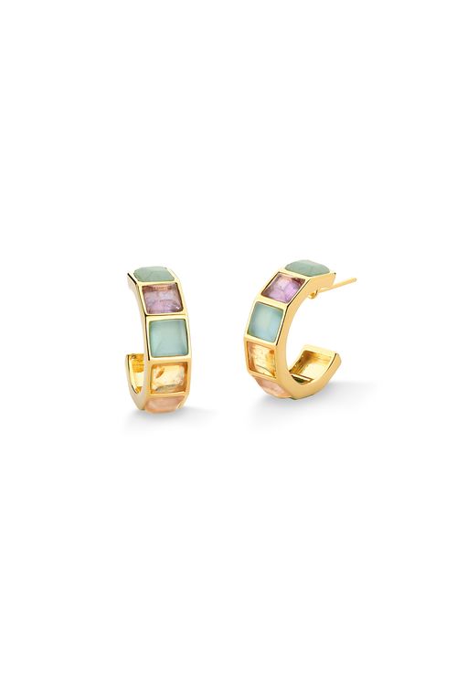 Brinco Argola Stone - Ágata Azul, Ametista, Citrino e Quartzo Rosa e Verde - Coleção Ícones Banho: Folheado a Ouro
