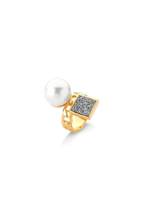 Anel Blanc Chain - Pérola e Drusa Metalizada - Coleção Blanc Banho: Folheado a Ouro