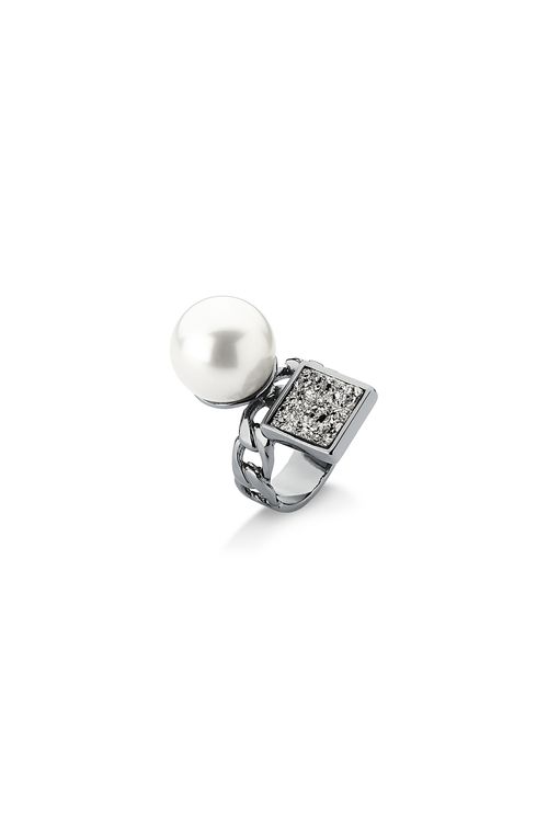 Anel Blanc Chain - Pérola e Drusa Metalizada - Coleção Blanc Banho: Ródio Negro