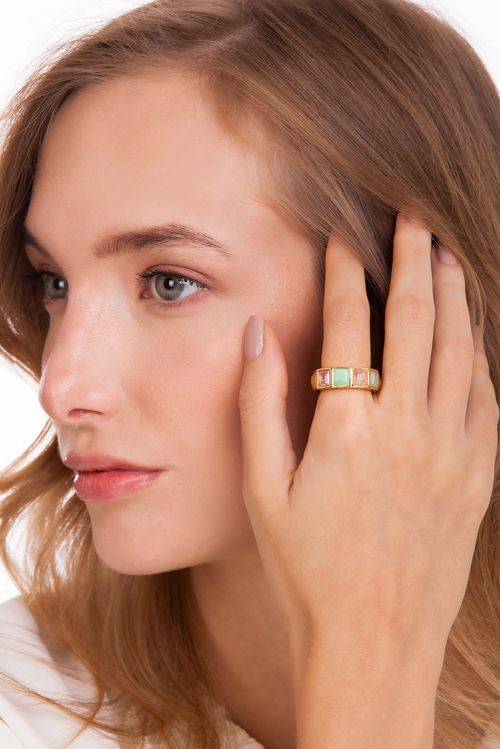 Anel Stone - Ágata Azul, Ametista, Citrino, Quartzo Rosa e Verde - Coleção Krypton Banho: Folheado a Ouro