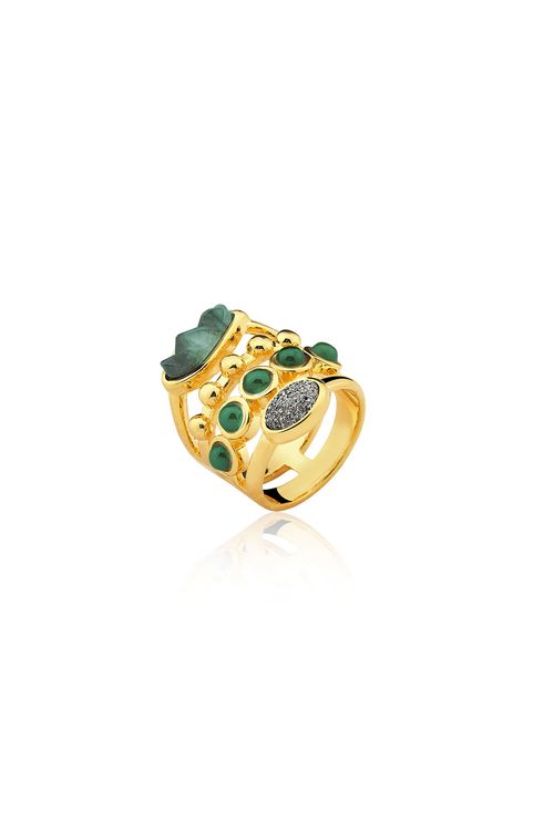 Anel Capri - Ágata Verde, Esmeralda e Drusa Metalizada - Coleção Ícone Banho: Folheado a Ouro