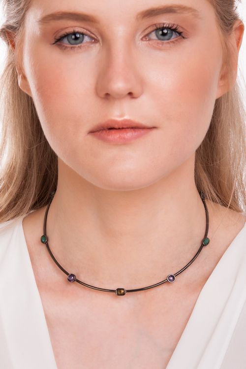 Colar Choker Brise - Ametista, Cristal, Citrino e Quartzo Verde - Coleção Acquarella Banho: Ródio Negro