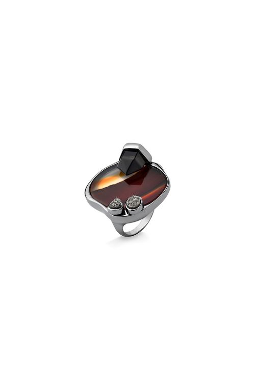 Anel Essence - Ágata Vermelha, Quartzo Fumê e Drusa Metalizada - Coleção Acquarella Banho: Ródio Negro