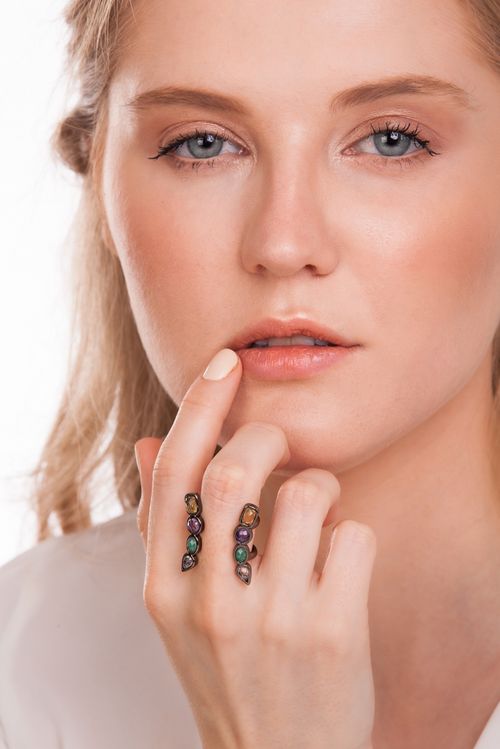 Anel Brise 2 - Ametista, Cristal, Citrino e Quartzo Verde - Coleção Acquarella Banho: Ródio Negro