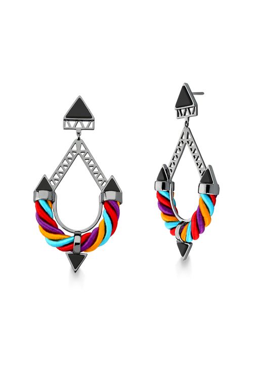 Brinco Frida - Obsidiana Preta, Cordão Laranja, Roxo, Turquesa e Vermelho - Coleção Viva la Vida Banho: Ródio Negro