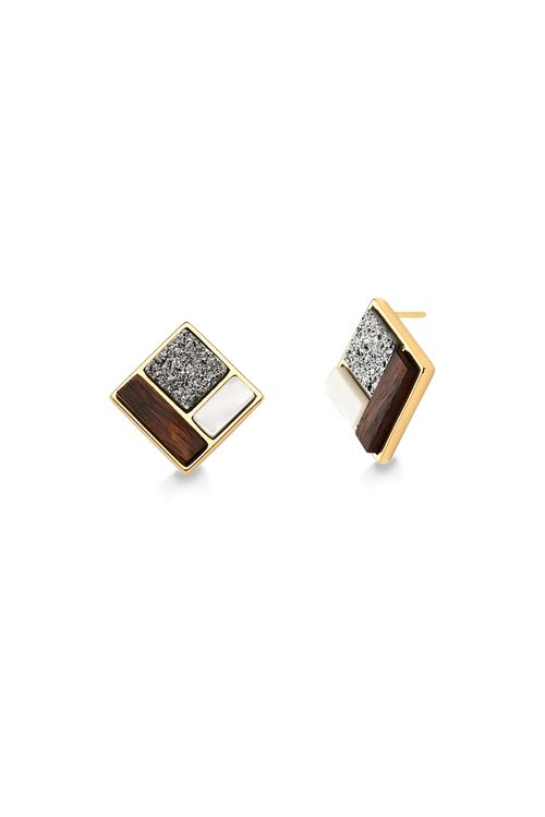 Brinco Legno Block - Madrepérola, Madeira e Drusa Metalizada - Coleção Legno Banho: Folheado a Ouro