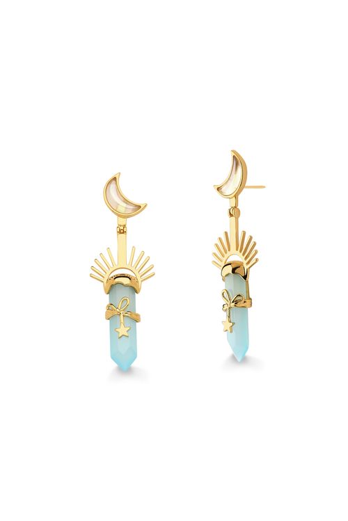 Brinco Celeste M - Ágata Azul e Quartzo Leitozo Perolizado - Coleção Conexão Banho: Folheado a Ouro