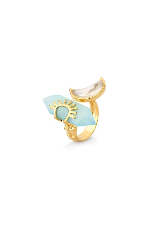 Anel Celeste - Ágata Azul e Quartzo Leitoso Perolizado - Coleção Conexão Banho: Folheado a Ouro