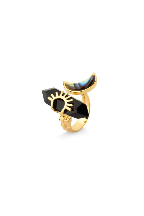 Anel Celeste - Abalone e Ônix - Coleção Conexão Banho: Folheado a Ouro