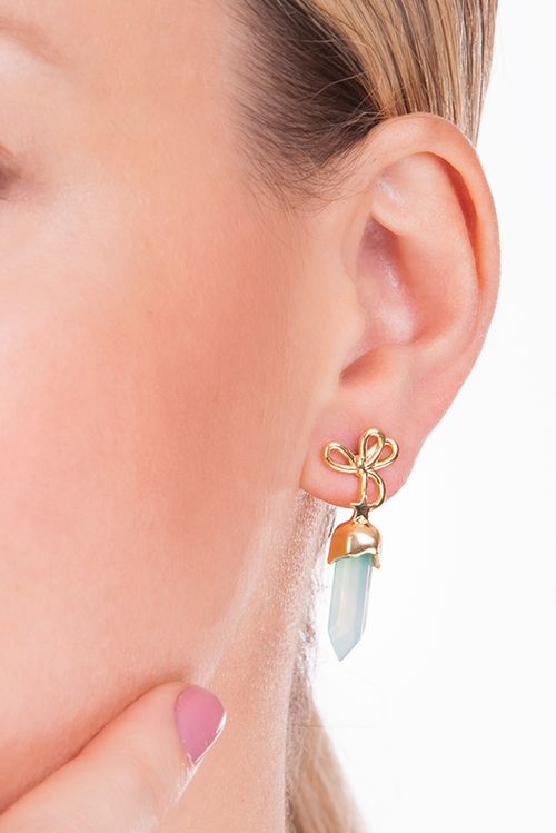 Brinco Místico - Ágata Azul e Quartzo Leitozo Perolizado - Coleção Conexão Banho: Folheado a Ouro