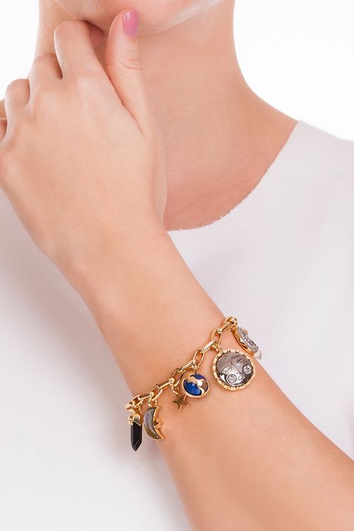 Pulseira Universal - Abalone, Cristal, Drusa Metalizada, Ônix, Quartzo Azul Anil e Quartzo Leitoso - Coleção Conexão Banho: Folheado a Ouro