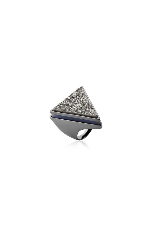 Anel Triangle - Ágata Cinza e Drusa Metalizada - Coleção Geometric Banho: Ródio Negro