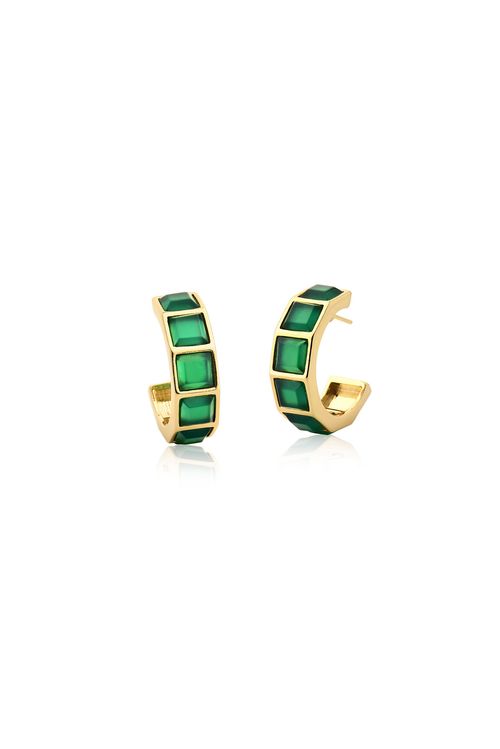Brinco Argola Stone - Ágata Verde - Coleção Ícone Banho: Folheado a Ouro