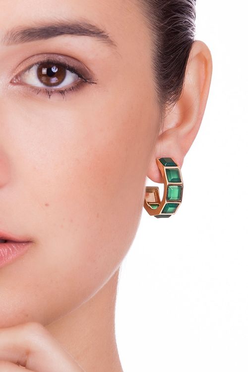 Brinco Argola Stone - Ágata Verde - Coleção Ícone Banho: Folheado a Ouro