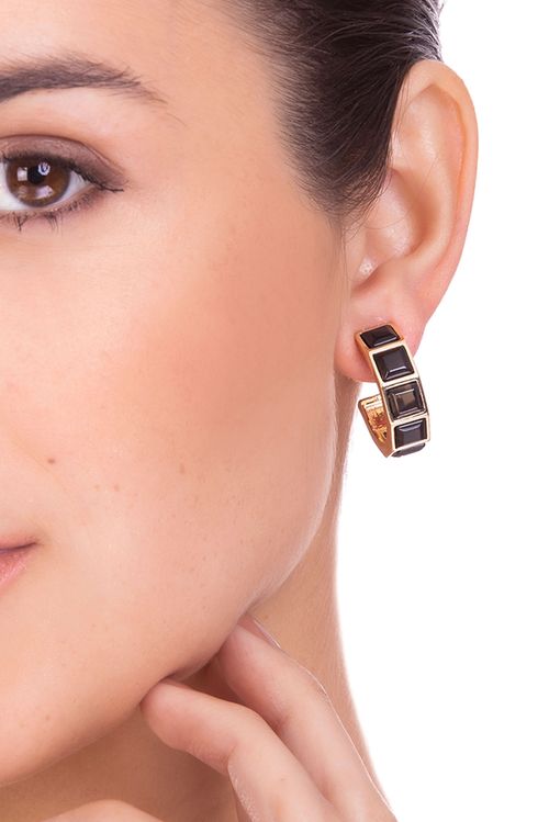Brinco Argola Stone - Obsidiana Preta - Coleção Ícones Banho: Folheado a Ouro