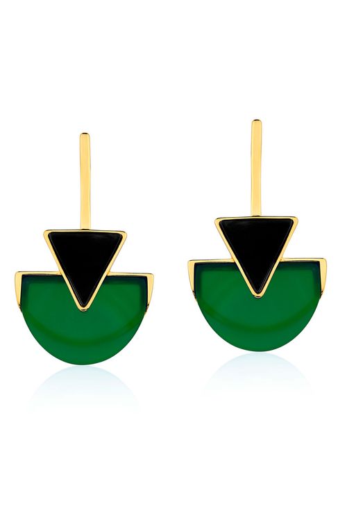Brinco Line Triangle - Ágata Verde e Ônix - Coleção Geometric Banho: Folheado a Ouro