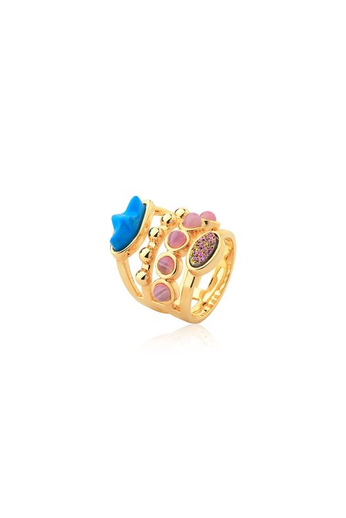 Anel Capri - Ágata Pink, Turquesa e Drusa Multicolorida - Coleção Ícone Banho: Folheado a Ouro
