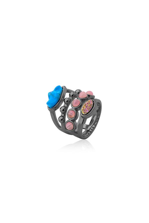 Anel Capri - Ágata Pink, Turquesa e Drusa Multicolorida - Coleção Ícone Banho: Ródio Negro