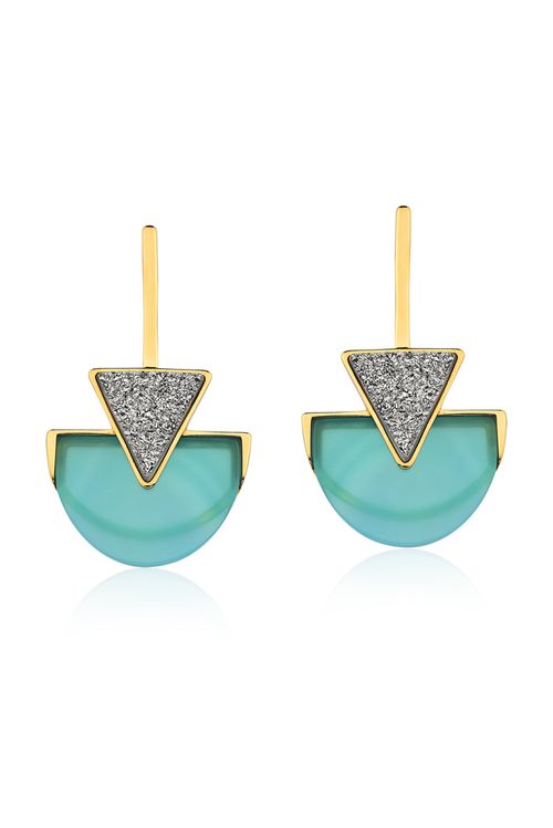 Brinco Line Triangle - Ágata Azul e Drusa Metalizada - Coleção Geometric Banho: Folheado a Ouro