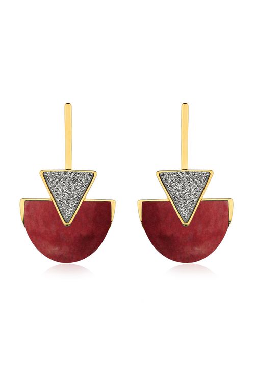 Brinco Line Triangle - Feldspato Vermelho e Drusa Metalizada - Coleção Geometric Banho: Folheado a Ouro