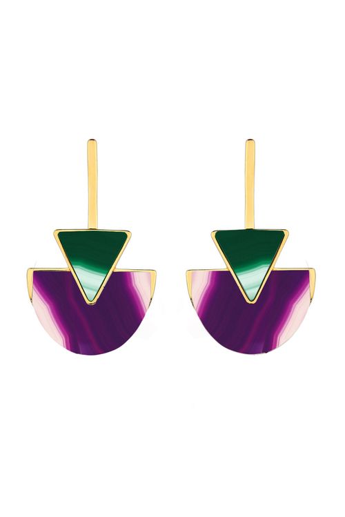 Brinco Line Triangle - Ágata Roxa e Verde - Coleção Geometric Banho: Folheado a Ouro