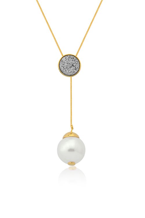 Colar Blanc Donna - Drusa Metalizada e Pérola - Coleção Blanc Banho: Folheado a Ouro