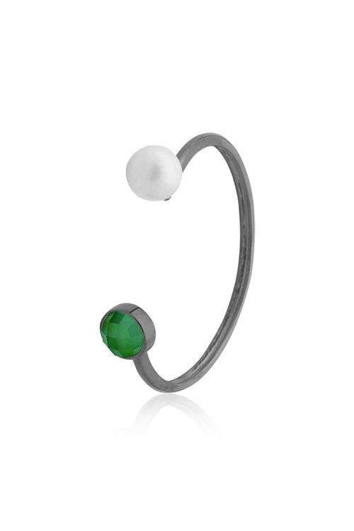 Pulseira Blanc Bebê - Ágata Verde e Pérola - Coleção Blanc Banho: Ródio Negro