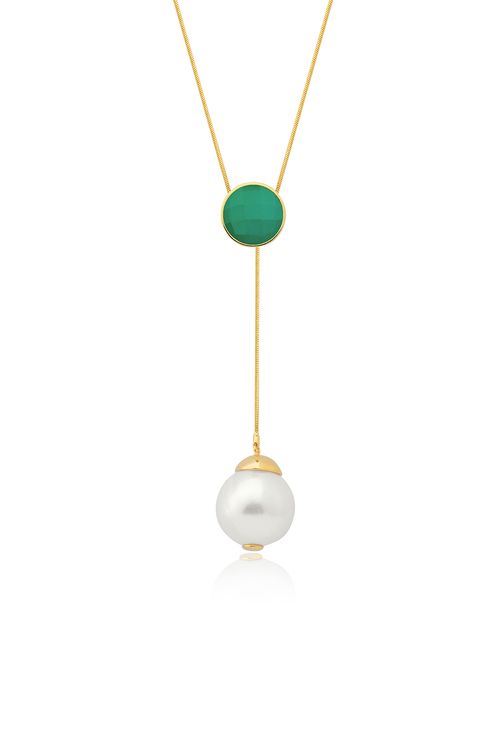 Colar Blanc Donna - Ágata Verde e Pérola - Coleção Blanc Banho: Folheado a Ouro