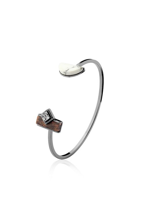 Pulseira Legno Cute - Haulita, Drusa Metalizada e Madeira - Coleção Legno Banho: Ródio Negro