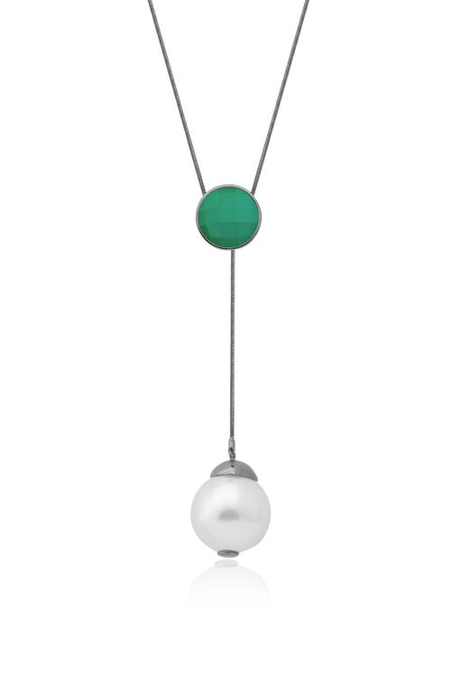 Colar Blanc Donna - Ágata Verde e Pérola - Coleção Blanc Banho: Ródio Negro