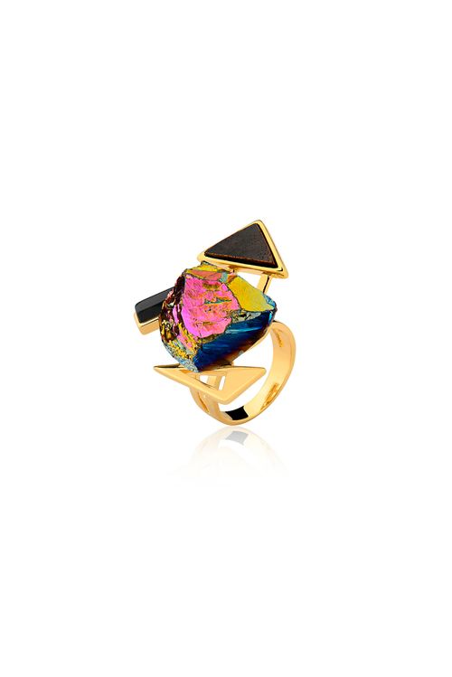 Anel U Rock Bold - Cristal Multicolorido, Madeira e Ônix - Coleção U Rock Banho: Folheado a Ouro