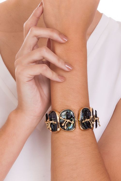 Pulseira Beira Mar - Abalone e Preto - Coleção Marea Banho: Folheado a Ouro
