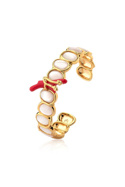 Pulseira Submerso - Madrepérola e Vermelho - Coleção Marea Banho: Folheado a Ouro
